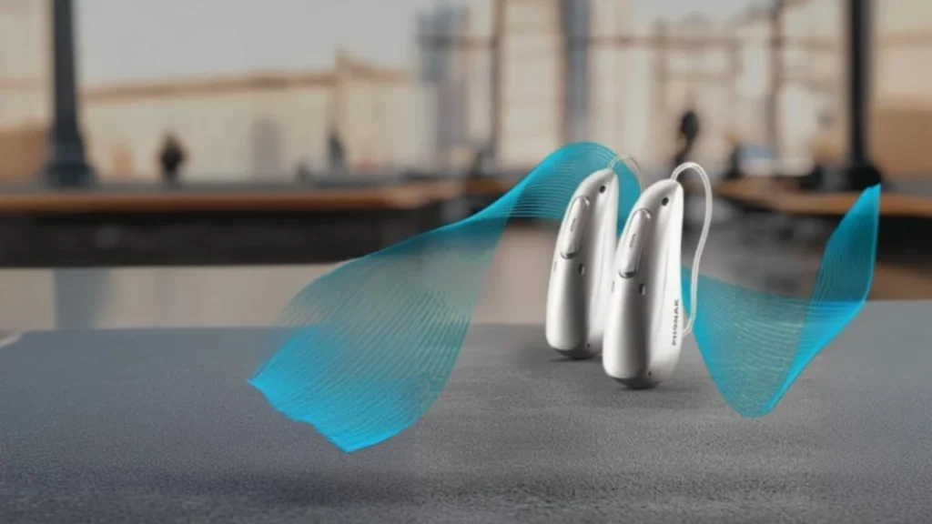 Par de aparelhos auditivos sobre uma mesa, com ondas de som em turquesa