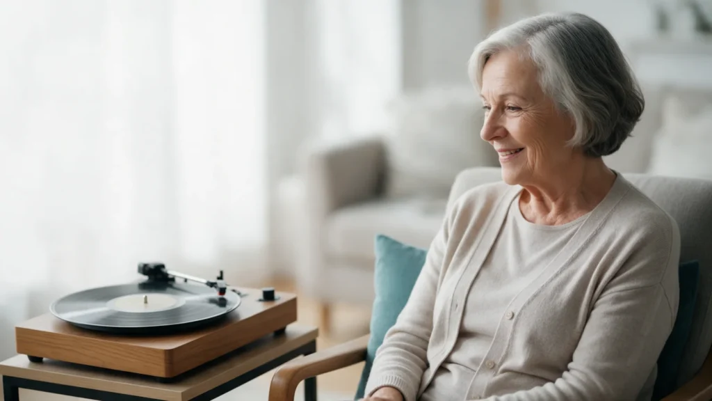 Uma senhora ouve música ao lado de um toca-discos